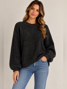 GT-0175 Zara Black Metallic Sparkle Knit Sweater M Crewneck Relaxed Holiday